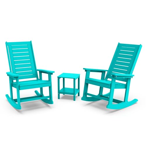 GREENVINES Outdoor Rocking Chair Set | 3-Piece | 2 Rocking Chairs with 1 Side Table | Porch Rocker | HDPE Plastic | Aqua | Patio Furniture Sets | High