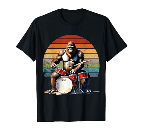 Divertido Bigfoot Tocando la Batería Sasquatch Drummer Retro Sunset Camiseta