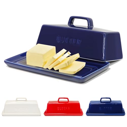 Gute Butter Dish with Lid for Countertop, Covered Ceramic Butter Dish, Butter Tray Storage for 1 Stick of Butter, Butter Keeper Container with Handle for Kitchen, Navy Blue
