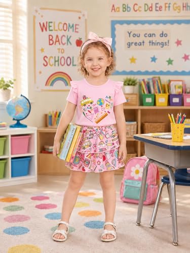 Image of Akyzic Little Girl Skirt Outfit Two Piece Spring Summer Outfit Butterfly Dress Cat Print Skirt Toddler Girl Outfit Set