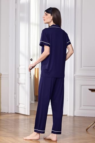 Image of WJing Yi Jia Womens Soft Pajamas Set XS-XXL Button Down Sleepwear Short Sleeves Pajama sets with Long Pants Pj Set Nightwear
