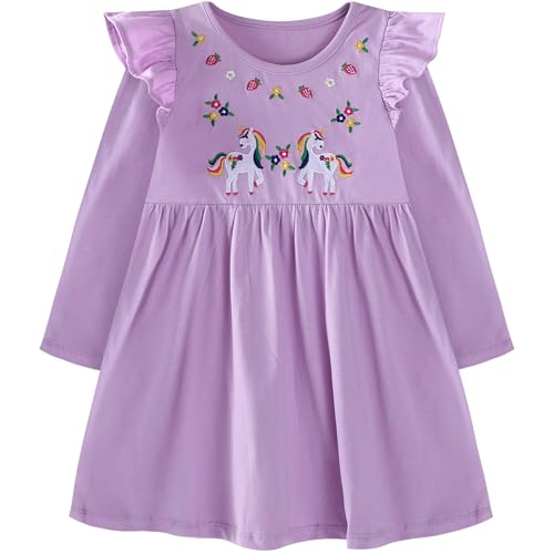 FILOWA Vestido para Niña Algodón Mangas Largas Primavera Vestidos Unicornio Flores Fresa Bordado Infantil Vestido Animal Patrón Casual Otoño Cumpleaños Fiesta Escuela Niños Ropa 5-6 años, Morado
