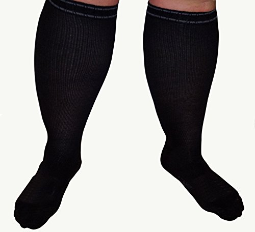 Image of Compression Socks Men Wide Calves- Thick Diabetic Sock. Large Foot and Leg with Ankle and Arch Support | Firm Gradient Pressure 28 mmHg Knee High Plus Size Premium Hosiery | Black X-Large & X-Wide