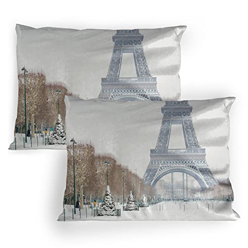 Ambesonne Winter Pillow Sham Set of 2, Eiffel Tower in Snow Outdoors Champ de Mars Tourist Attraction Paris France, Quality Microfiber Bedding Item for All Seasons, 26