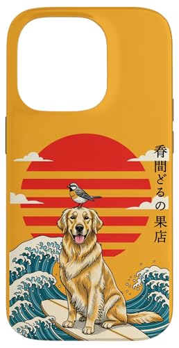 Carcasa para iPhone 14 Pro Golden Retriever Surfeando Japonés Gran Ola Kanagawa