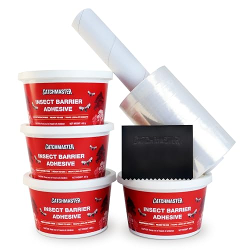 Catchmaster Tree Banding Insect Barrier DIY Kit 4Pk, 15oz., Spreader, 1Kft Roll Plastic Wrap, Lanternfly & Ant Traps, Outdoor Adhesive Crawling Insect Trap to Protect Trees, Fruit & Plants