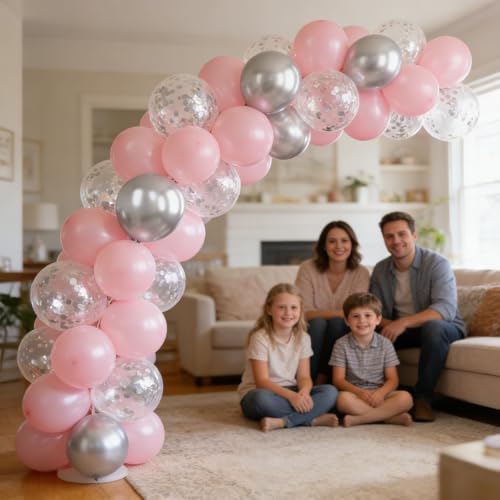 Image of 60Pcs Pink and Silver Balloons, 12inch Silver Confetti Party Latex Balloons | Pastel Pink Metallic Silver Party Confetti Balloons Set for Girl Party Birthday Bride Wedding Baby Shower Graduation