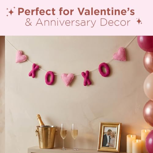Image of Folkulture XOXO Valentine Felt Garland Banner for Home Decor | 72 inches Pink Heart Hanging Decoration for Bedroom Decor, Wall Decor, Party Decorations, Anniversary & Room Decor Aesthetic