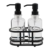 3-Piece Round Heavy Weight Glass Soap Lotion Pump Dispenser Set with Metal Caddy for Home Bath Kitchen Travel Office Hand Crafted Metal Tray (Matte Black)