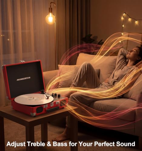 Image of Cherry Red Bluetooth Suitcase Record Player, 3-Speed Turntable