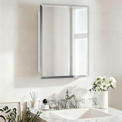 Plastic Medicine Cabinet with Mirror 16x22 inch, Recessed Medicine Cabinet or Surface Wall Mount...