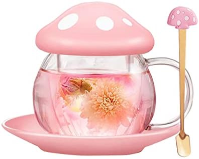 Rain House Glass Tea Cup Cute Mushroom Mug with Mushroom Spoon, Tea Cups with Infuser Strainer Filter, Clear Teapot with Ceramic lid Coaster, Heat Resistant for Home and Office 290ML 9.6oz (Pink)