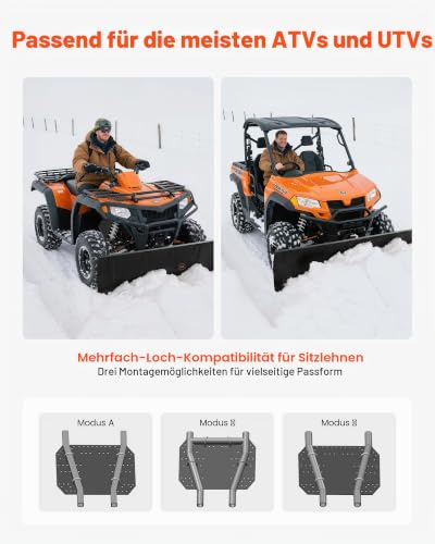 VEVOR Schneeschild, 1220x385 mm Universal-Schneepflug, Höhe & Links-Rechts verstellbar, Räumschild, Stahl-Schneeschieber, 3 Montageoptionen, zur Schneeräumung, für die meisten ATVs & UTVs