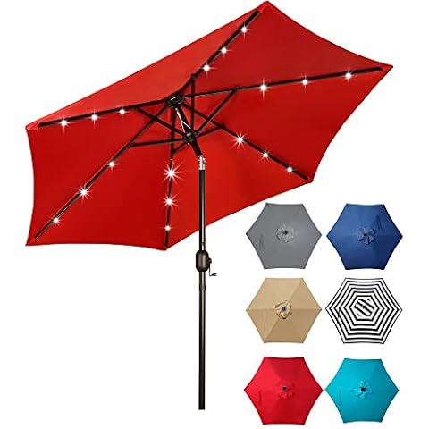 Blissun 7.5 ft Solar Umbrella 18 LED Lighted Patio Umbrella Table Market Umbrella with Tilt and Crank Outdoor Umbrella for Garden, Deck, Backyard, Pool and Beach - Red Cover
