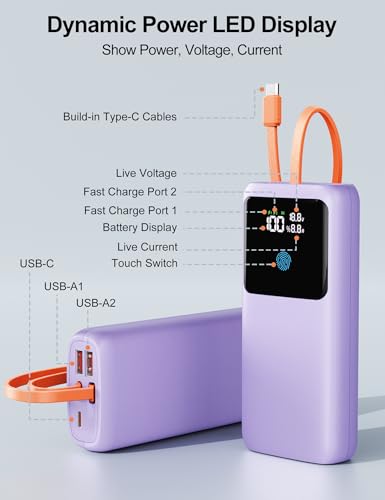 Image of Portable Laptop Charger 24000mAh 65W w /USB C Built-in Cable Purple | 65W Fast charging, LED display, Charge 4 devices at once, Pass through, TSA approved, Compatible with Macbook /Notebook /iPhone