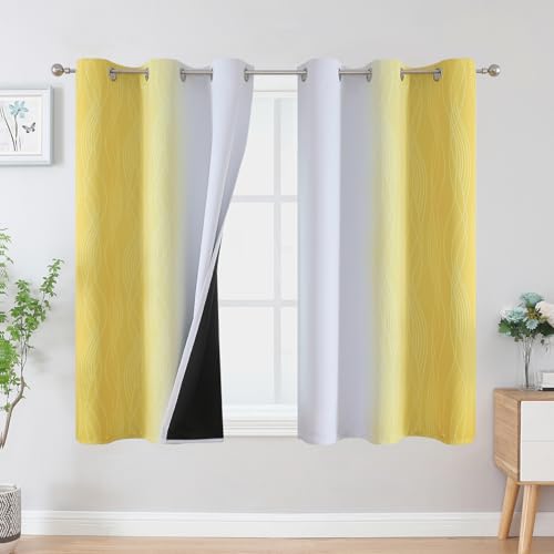 VEHEDE Ombre Farbverlauf Gelb und Weiß Vorhänge 114cm Lang Verdunklungsvorhänge Kurzer Vorhang, Schlafzimmer Kleine Thermovorhang Kälteschutz, Gardinen Wohnzimmer mit Ösen, H 114 x B 107 cm, 2er Set