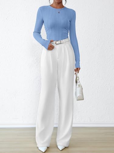 PRETTYGARDEN Women Crew Neck Slim Fit Going Out Top Casual Long Sleeve Knit Basic Tee Shirt Spring Fashion Clothes (Blue Grey, Small) — view 3