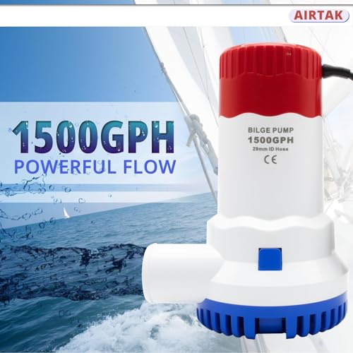 AIRTAK Bilge Pump for Boat DC12V 1500GPH Small Bilge Pump 12 Volt Electric Water Pump Low Noise with The Switch
