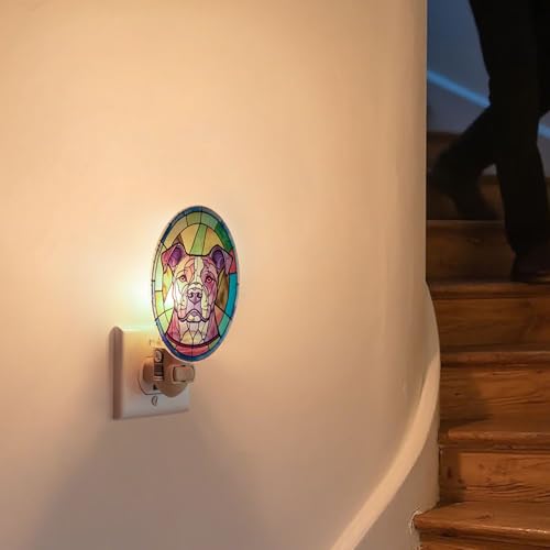 Image of Dog Night Light Pitbull, Stained Glass Styled Plug-in Wall Nightlight, Bulb Included, Pet Memorial Dog Lover Gift, Bedroom Hallway Bathroom Decor, Manual On /Off Switch