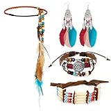MWOOT India Diadema de Plumas, Boho Tocado de Pluma con Borla de Cuentas, Pulseras de Cuero, Collar de Gargantilla de Cuentas, Pendientes de Plumas, Joyas para Mujer Hippie Tribal Fiesta de Disfraces