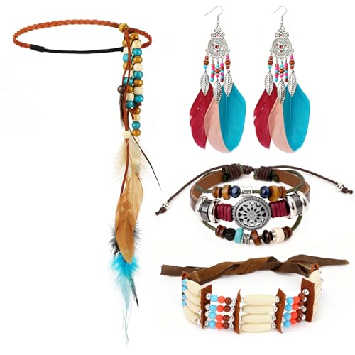 MWOOT Fascia per Capelli con Piume Indiano, Copricapo di Piume con Nappa di Perline, Braccialetto in Pelle, Collana Girocollo Tribale, Orecchini con Piume Bohemien, Gioielli per Carnevale Mascherata