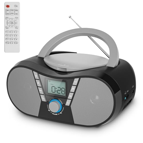 Gueray CDプレーヤー Bluetooth CDラジカセ ステレオスピーカー内蔵 ロッドアンテナ レコ CDプレイヤー CD/USB/AUX/FM ハンドル 乾電池給電可 液晶ディスプレイ 多役 イヤホンジャック付きリモコン付き 睡眠モード ポータブル 語学学習/胎児教育/音楽鑑賞 日本語取扱説明書