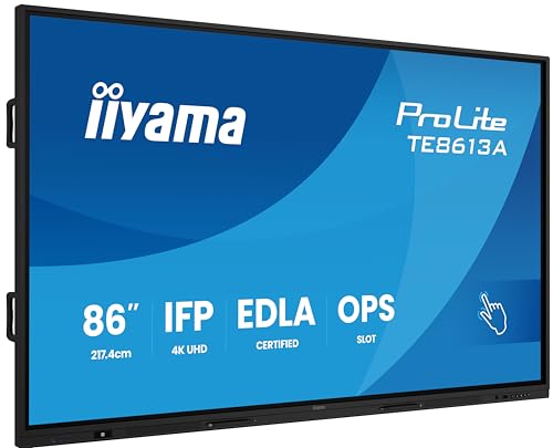 iiyama Prolite TE8613A-B2AG 217.4cm 86" IPS LED interaktives Display 4K UHD 40 Touchpunkte PureTouch-IR⁺ HDMI DP USB-C DP-Alt USB2.0/3.2 RJ45 WiFi OPS Android 14 Google EDLA PIR NFC AntiGlare 7H 24/7