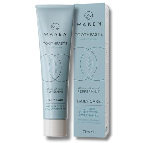Waken, Peppermint Fluoride Toothpaste, Helps protect against cavities and reduce plaque, No Artificial Colours, Sustainable Packaging, Recycled Aluminium Tube, Vegan Toothpaste, 75ml