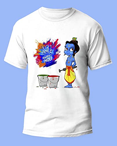 Image of Knitted Polycotton Fabric Regular Fit Men Boys Half Sleeve T-Shirt for Festival of Holi Style 19 White Size : Free