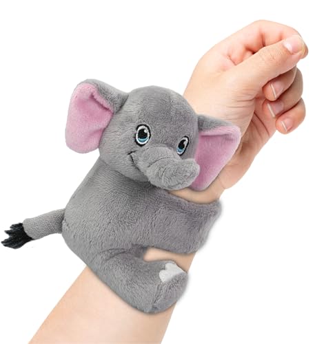 DolliBu Elephant Stuffed Animal Slap Bracelet - Fluffy Wild Animal Magnetic Snap Bracelet for Kids, Wearable Plush Slap Bracelet Wrist Band Toy for Children's Accessory, Play, Party Favor - 4.5 Inches