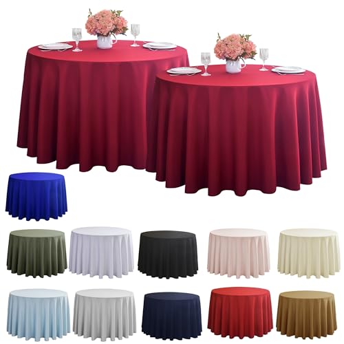 Image of 2-Pack Round 120-inch Burgundy Table Cloths, Solid Stain and Wrinkle Resistant Circular Tablecloth, Premium Plain Weave Polyester Fabric Table Linen Covers for Hotel, Banquet