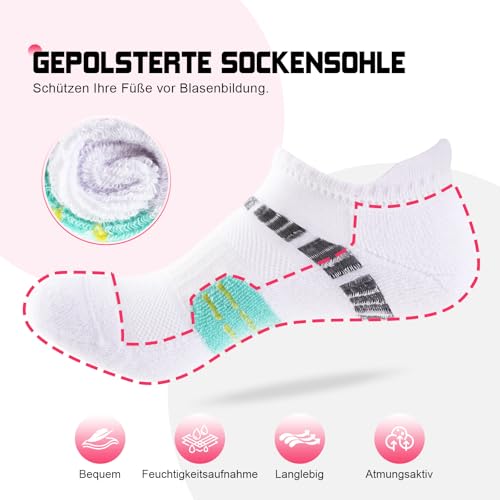 EconioSocken Sneaker Socken Damen 39-42，Anti-Blasen Laufsocken mit gepolsterter Unterstützung Kurze Knöchelsocken Atmungsaktive Sportsocken sneakersocken damen 35-38,6 Paar