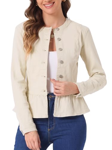 Allegra K Women's Peplum Denim Jackets Collarless Round Neck Button Down Cropped Ruffle Hem Jacket