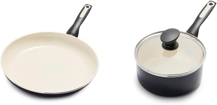 GreenPan Rio Healthy Ceramic Nonstick 12" Frying Pan Skillet, PFAS-Free, Dishwasher Safe, Black & Rio Healthy Ceramic Nonstick 2QT Saucepan Pot with Lid, PFAS-Free, Dishwasher Safe, Black