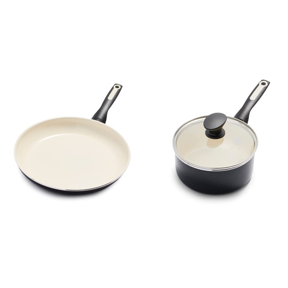 GreenPan Rio Healthy Ceramic Nonstick 12" Frying Pan Skillet, PFAS-Free, Dishwasher Safe, Black & Rio Healthy Ceramic Nonstick 2QT Saucepan Pot with Lid, PFAS-Free, Dishwasher Safe, Black