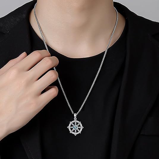 Om Yoga Necklace for Men Women 925 Sterling Silver Dharma Wheel Necklace Buddhist Necklace Turquoise Pendant Jewelry for Birthday Christmas - Image 2