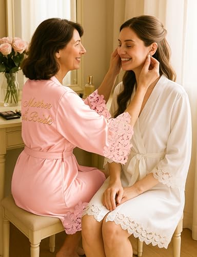 Image of EPLAZA Bride Robe for Wedding Day Set Bridal Robe Lace Trim Silky Embroidery Satin Kimono for Bridal Party