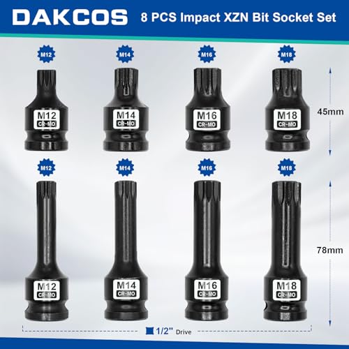 Miniatura 2 de Dakcos 1 2 Juego De 8 Llaves De Vaso Con Puntas Multidientes Xzn, M12-M18, Juego De Vasos De Estriada Cuadrada Triple,Cr-Mo