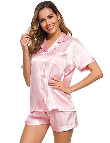 Image of SWOMOG Womens Silk Satin Pajamas Set Short Sleeve Sleepwear Button Down Top and Shorts Loungewear 2 Piece Pjs Set XS-3XL