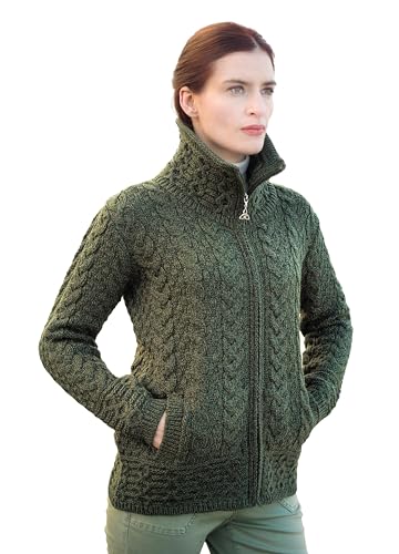 Aran Crafts Irish Women's Double Collar Zip Cardigan (100% Merino Wool)