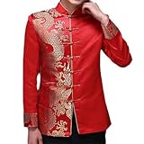 Dragon Pattern Jacquard Mens Red Suit Jacket Collar Traditional Chinese Men Satin Exquisite Wedding Jacket Golden Dragon M
