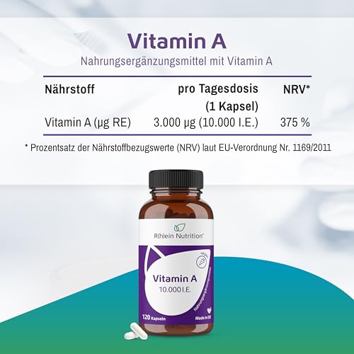 Vitamin A Hochdosiert 10000 IE - 120 Kapseln 4 Monate Vorrat - Augen Vitamine Retinol - Vegan & Ohne Zusätze in Deutschland hergestellt - Rhein Nutrition