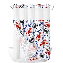 Nautical Anchor Shower Curtain No Hooks and Liner Set,Ocean Crab Lobster Geometric Stripes Hotel Style Fabric Bathroom Shower Curtains Polyester Bath Spa Bathtub Curtain with Sheer Window,72"x96"