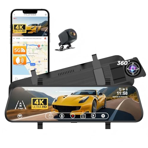 4K Mirror Dash Cam Front and Rear, 10'' Touch Screen Rear View Mirror Camera, Night Vision, WDR, Parking Monitoring