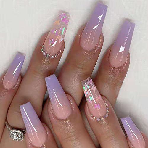 HAKJXOS Press on Nails Long Fake Nails Exquisite Purple Gradient Acrylic Nails Glitter Butterfly Rhinestones Design Nails for Women and Girls Stick on Nails 24 Pcs