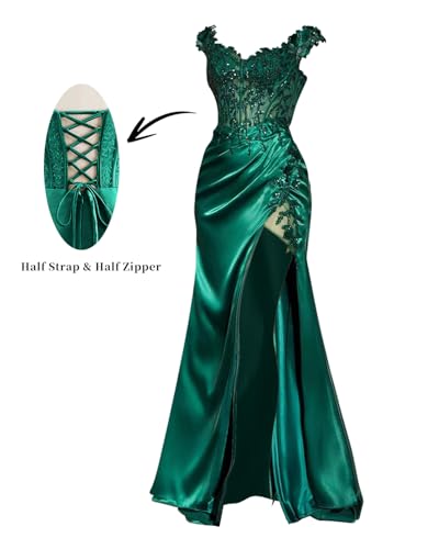 Lace Appliques Satin Prom Dresses for Women 2025 Off Shoulder Mermaid Formal Evening Dress with Slit P10122