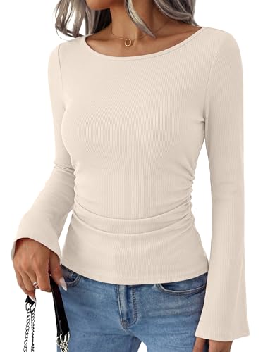 ANRABESS Women Bell Long Sleeve Shirts Boat Neck Top Beige Medium — view 2