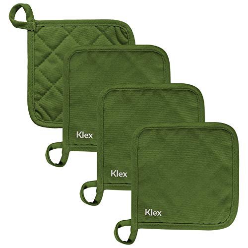 Klex 4Pcs 100% Thick Cotton Potholders For Oven Cooking And Baking, Durable 330Gsm Hot Pads, Up To 482°F Degrees Heat Resistance Pot Holder, Heavy-Duty Cotton Canvas, Green #TOP25