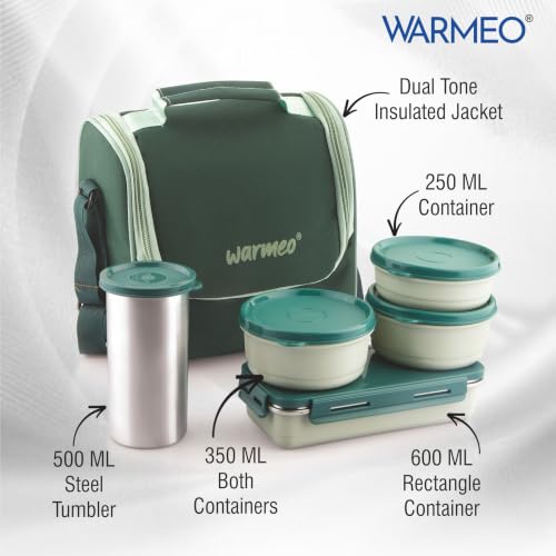 Image of WARMEO Micro Meal Microwave Safe Lunch Box | 1 Rectangular Container 600ml + 2 Round Containers 350ml Each + 1 Round Container 250ml + 1 Steel Tumbler 500ml | Office,School,Picnic,Green