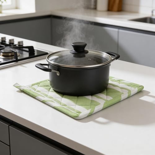 Image of Encasa XO Oven Microwave Pot Holders Trivets 21 cm (2 pc) for Kitchen Cooking & Baking - Heat Resistant, Thick & Safe, Protection of Hands from Hot Utensils, Grill, BBQ - Franca Lime Stripes